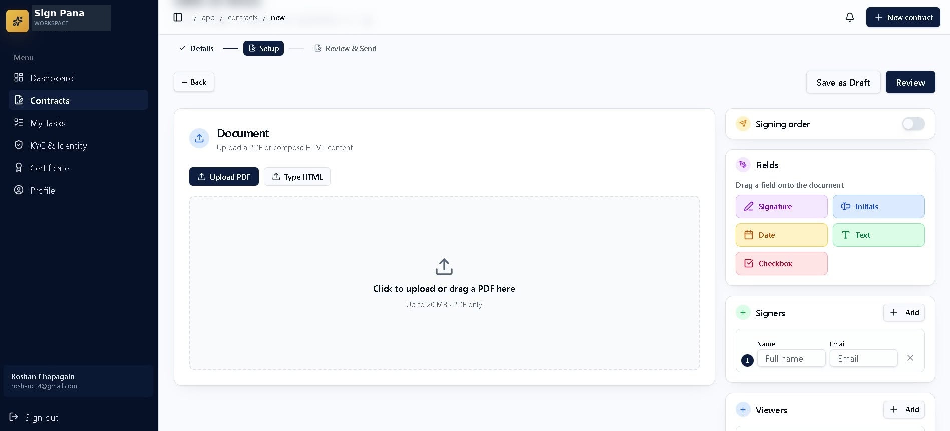 Sign Pana dashboard — contract creation and signing interface